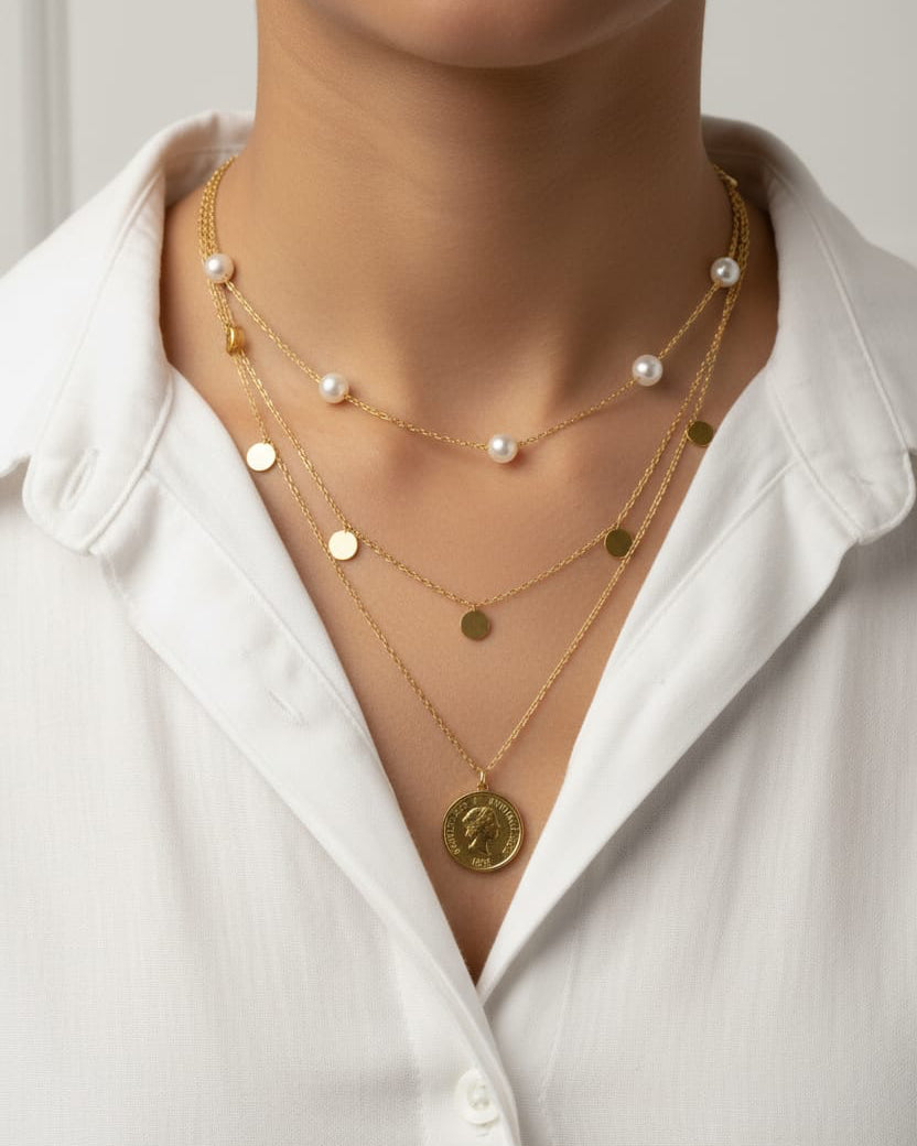 Golden Layered Necklace Set with Pearls & Coin Charm