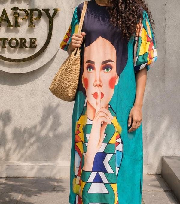 Artistic Printed Dress – Teal  blue &  Multicolour