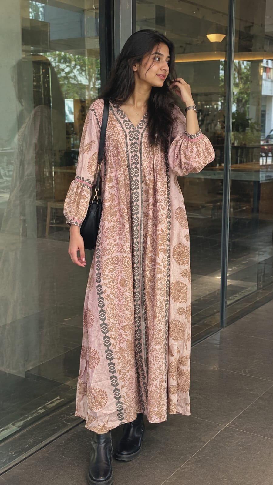 Pastel Pink Printed Maxi Dress with V-Neck and Balloon Sleeves