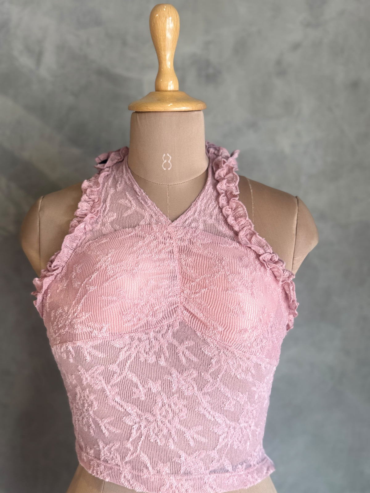 Pink Lace Halter Neck Crop Top with Ruffle Detailing