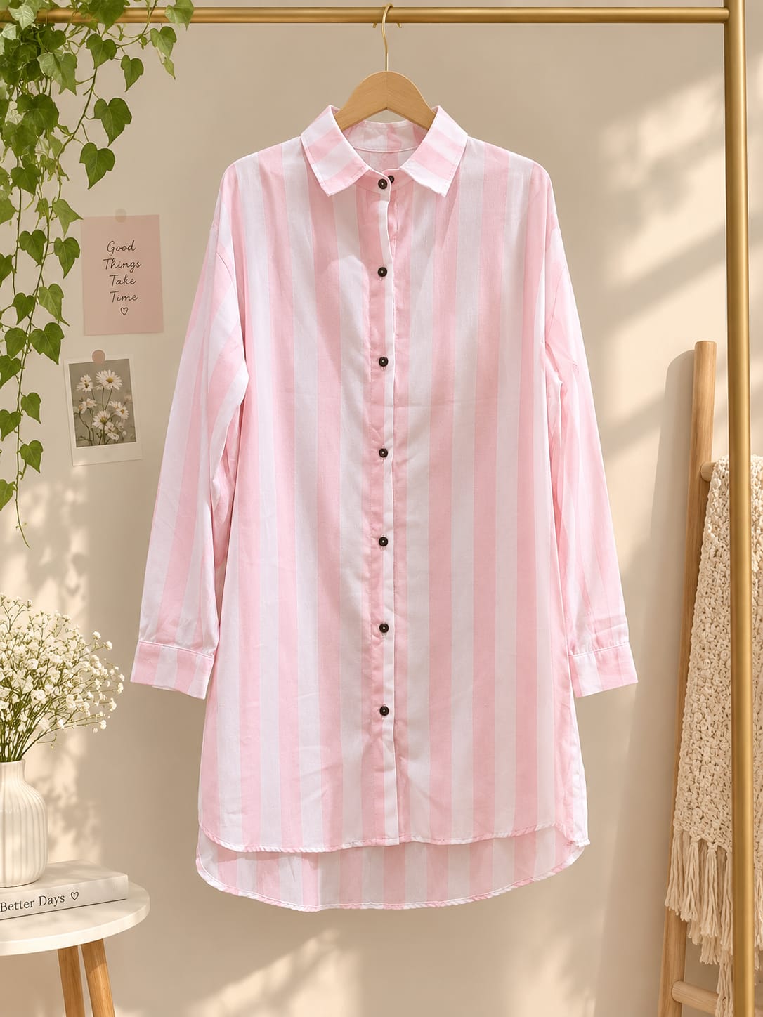 Pink & White Striped Button-Down Casual Shirt Tunic