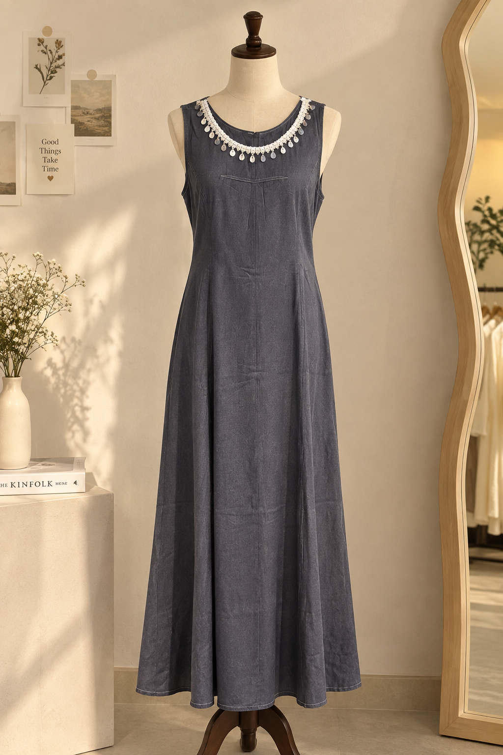 Charcoal Grey Embellished Neckline Maxi Dress