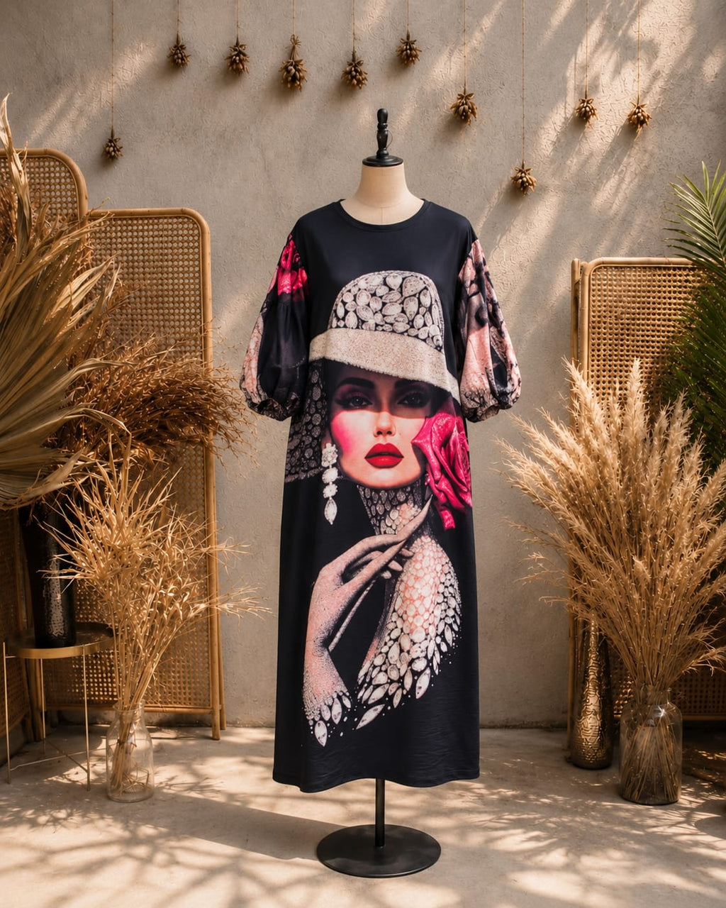 Artistic Portrait Print Oversized Midi Dress