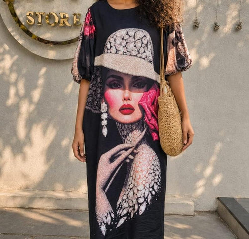 Artistic Portrait Print Oversized Midi Dress