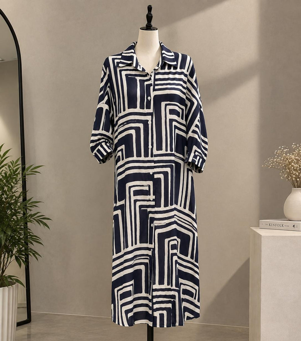 Navy Blue & White Geometric Print Shirt Dress