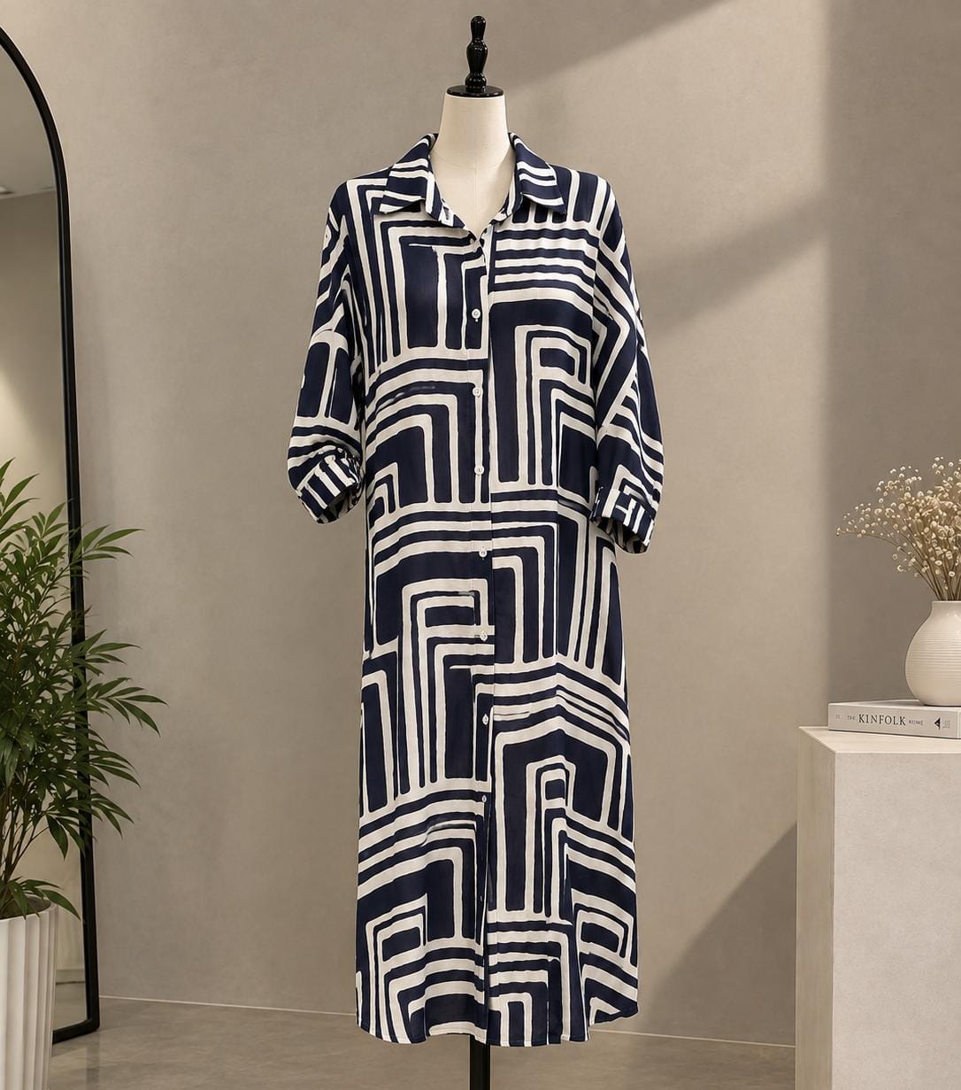 Navy Blue & White Geometric Print Shirt Dress