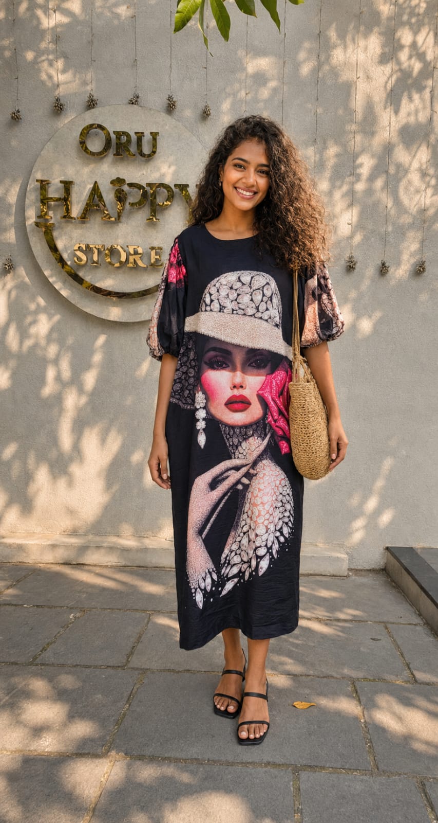Artistic Portrait Print Oversized Midi Dress