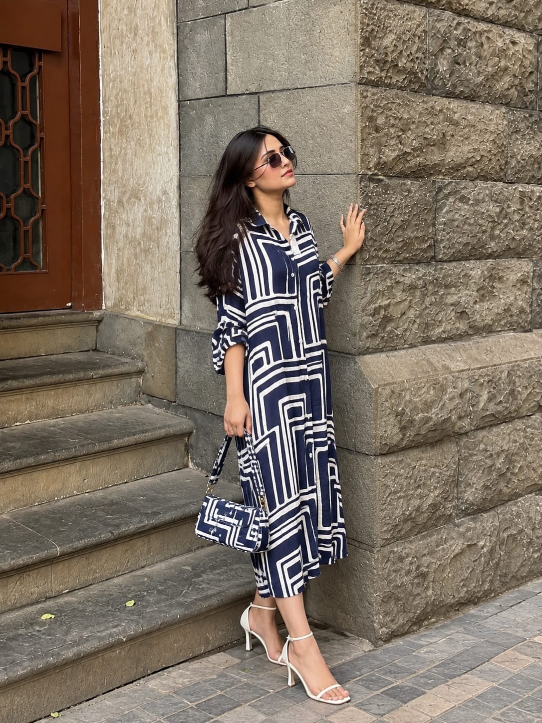 Navy Blue & White Geometric Print Shirt Dress