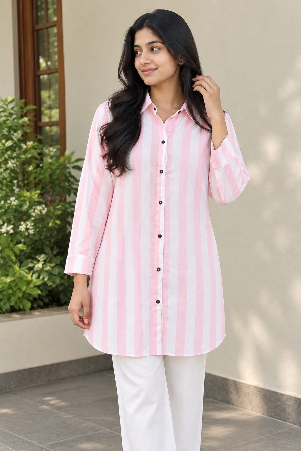 Pink & White Striped Button-Down Casual Shirt Tunic