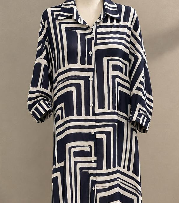 Navy Blue & White Geometric Print Shirt Dress
