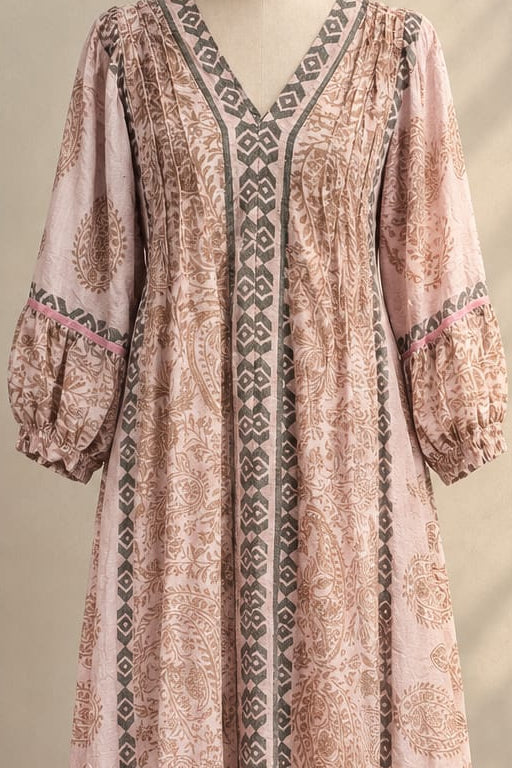 Pastel Pink Printed Maxi Dress with V-Neck and Balloon Sleeves