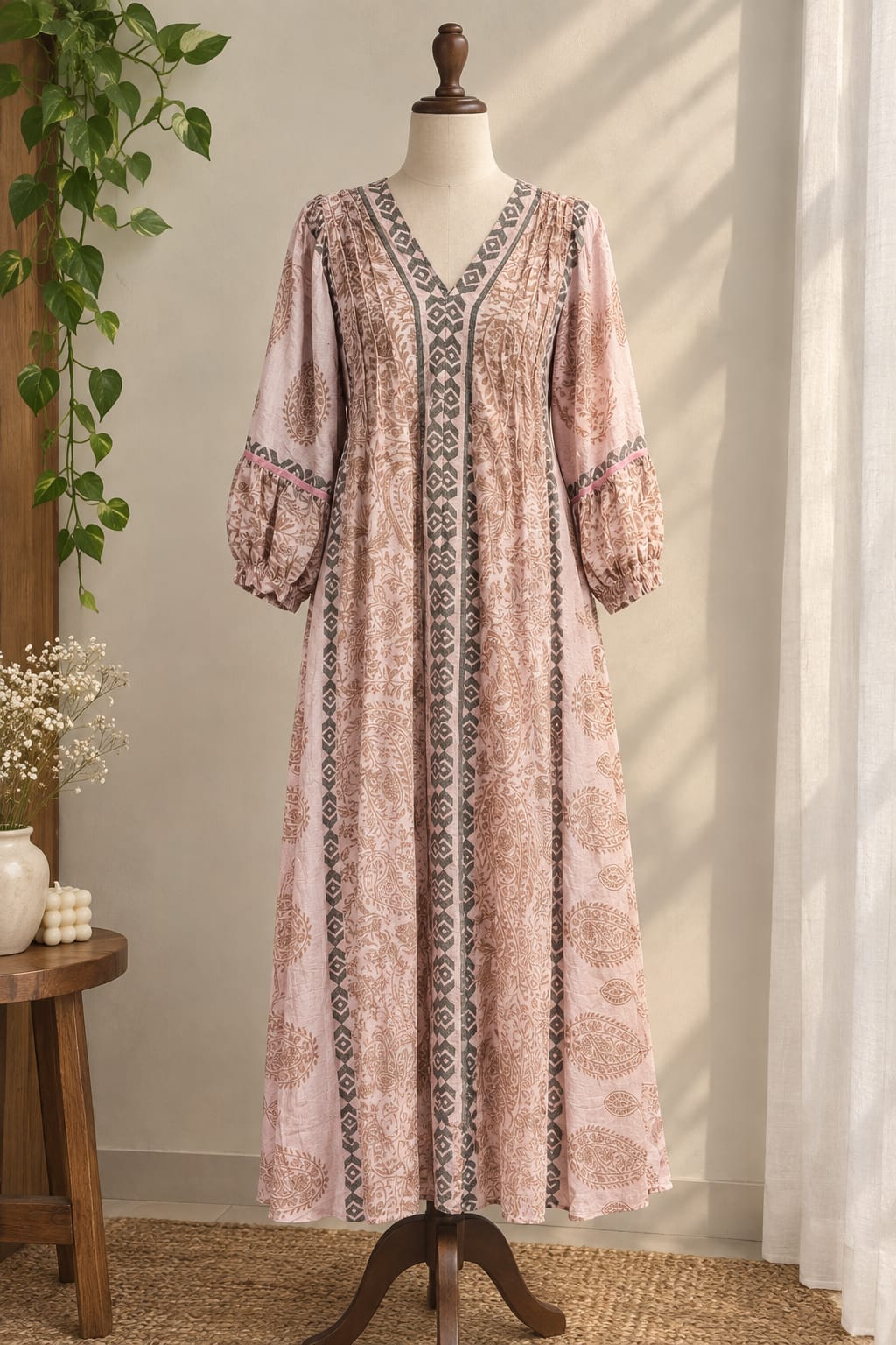 Pastel Pink Printed Maxi Dress with V-Neck and Balloon Sleeves