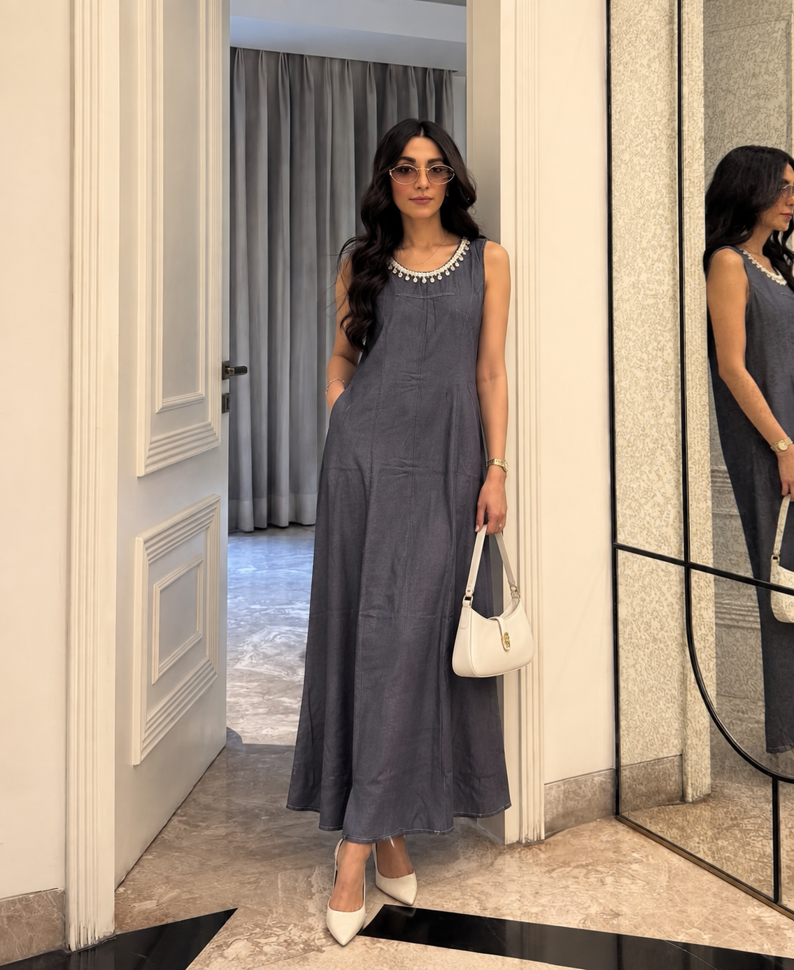 Charcoal Grey Embellished Neckline Maxi Dress