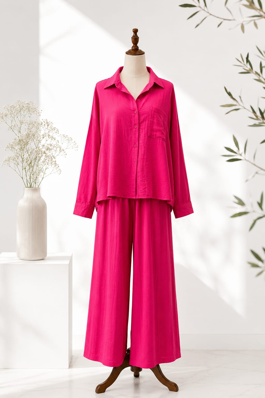 Women’s Solid Pink Relaxed Shirt & Wide-Leg Pants Co-ord Set