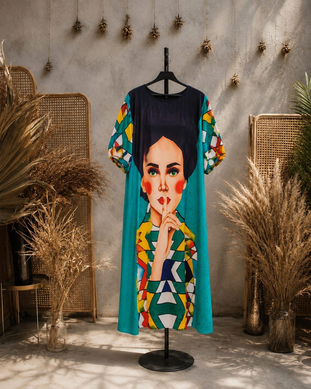 Artistic Printed Dress – Teal  blue &  Multicolour