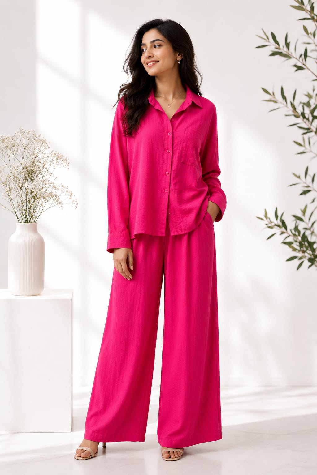 Women’s Solid Pink Relaxed Shirt & Wide-Leg Pants Co-ord Set