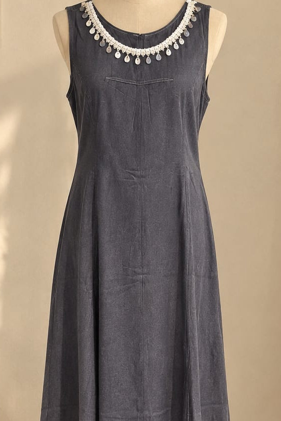 Charcoal Grey Embellished Neckline Maxi Dress