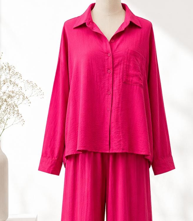 Women’s Solid Pink Relaxed Shirt & Wide-Leg Pants Co-ord Set